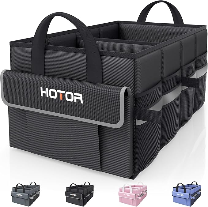 HOTOR Trunk Organizer - Car Organizer with 5 Pockets, Trunk organizer for SUV, Sedan & Van, Car Organization with Sturdy Base Panel for Car Accessories, Black, 2 Compartments, 23.6"×14.2"×10.6"