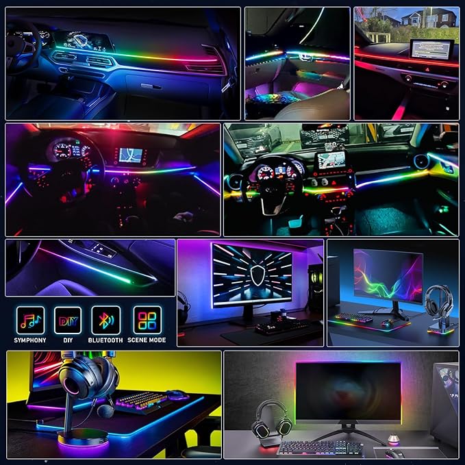 Dreamcolor Interior Acrylic Car Light Strip, Car LED Strip Light with APP Control 47 Inches Fiber Optic Ambient Lighting Kits, Multi-Modes Sound Sync Neon Lights