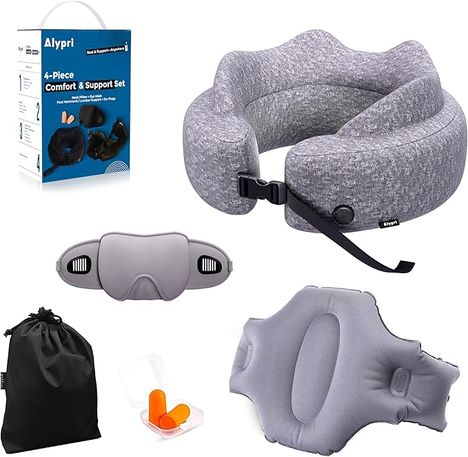 4-in-1 Travel Comfort Set Inflatable Neck Pillow, Convertible Lumbar Support & Foot Hammock, 3D Sleep Mask & Ear Plugs Complete Comfort Kit for Airplane, Office & Car Gift-Ready (Gray)