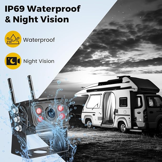 Wireless Backup Camera for Truck RV, HD IPS 7" Monitor, Digital Wireless Camera System + IP69 Waterproof IR Night Vision, 10-Min Easy Install, 1080P Rear View Camera for Car, Van, Trailer and Camper