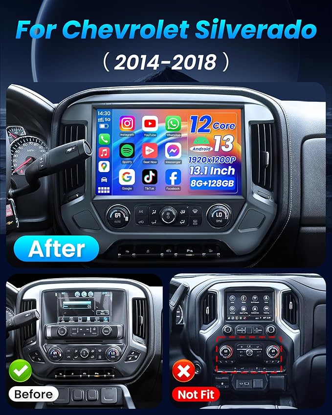 13.1 inch 12 Core+128GB Car Radio for Chevy Silverado 2014-2018: 2K QLED Touch Screen, Android 13 Stereo with Wireless CarPlay Android Auto 5G WiFi GPS Bluetooth FM/AM DSP 48EQ SWC Backup Camera