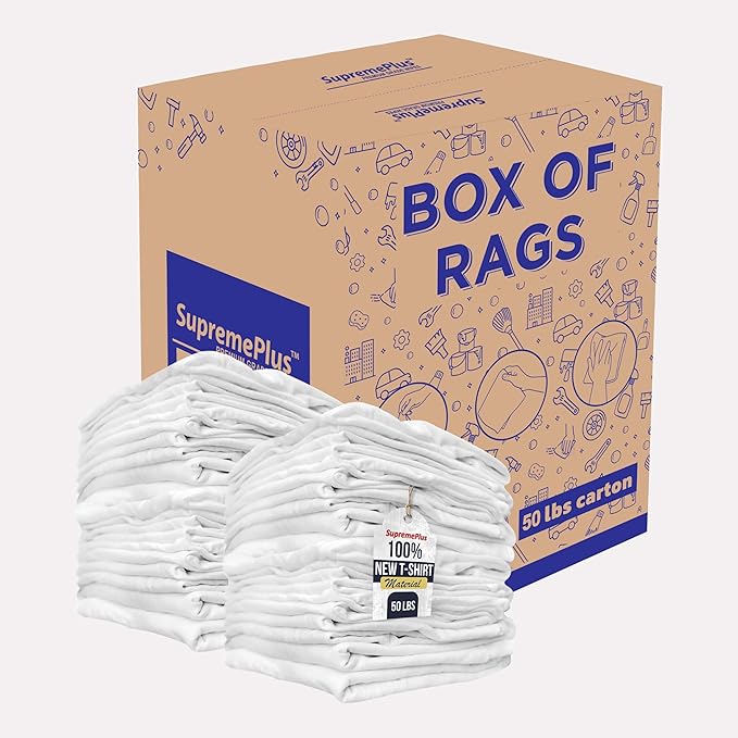 Premium New White Cotton Knit T-Shirt Rags (50 lbs. Box of Rags) - Lint-Free, Soft & Absorbent Cleaning Cloths for Auto, Paint, Garage, Staining & Polishing