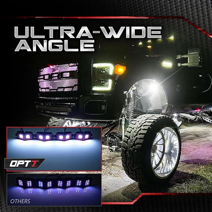 OPT7 Photon Pure White LED Magnetic Rock Lights - 8 Pods w/Magnet Mounts - Wide Angle Underglow Lighting Kit, IP68 Waterproof for Offroad Jeep RZR ATV UTV SUV - Truck Decorations