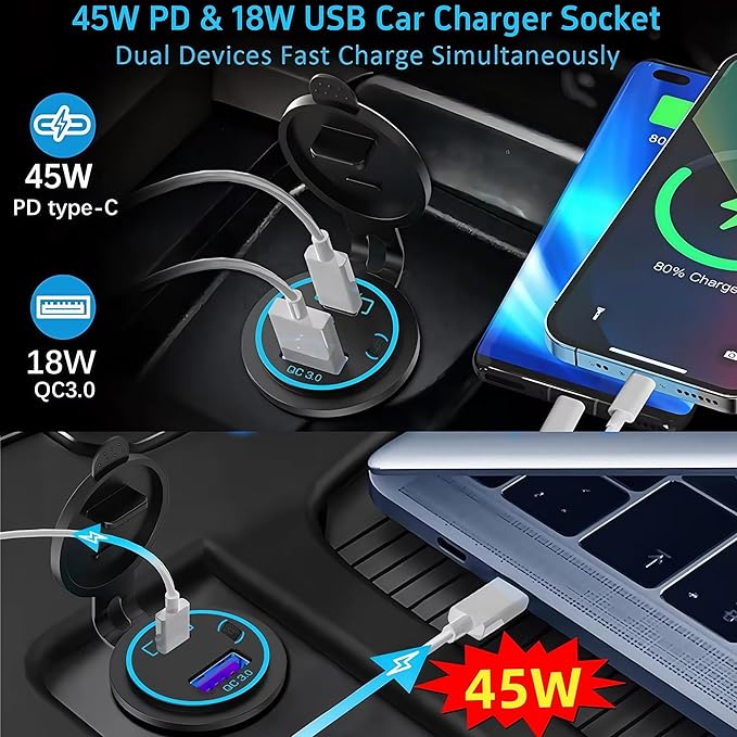 45W PD & 18W QC3.0 USB Laptop Car Charger Power Socket, Marine Type-C/USB C Port Fast Charging Adapter, 12V USB Power Outlet with ON/Off Switch Button Waterproof Cover for Boat RV Truck Golf (Blue)