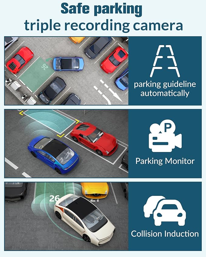 3 Channel Dash Cam,4K+1080P Dash Cam Front and Rear Inside, Dash Camera for Cars, Triple Car Camera with 32GB Card,Built-in G-Sensor, 2’’ IPS Display Car Camera,Loop Recording,24Hr Parking
