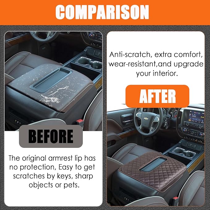 Center Console Cover for Chevy Silverado & GMC Sierra 1500 2500 3500 2014-2018 & Tahoe Yukon Suburban 2015-2020, Scratch Resistance Armrest Cover Trim Accessories - Brown (Bucket Console Only)