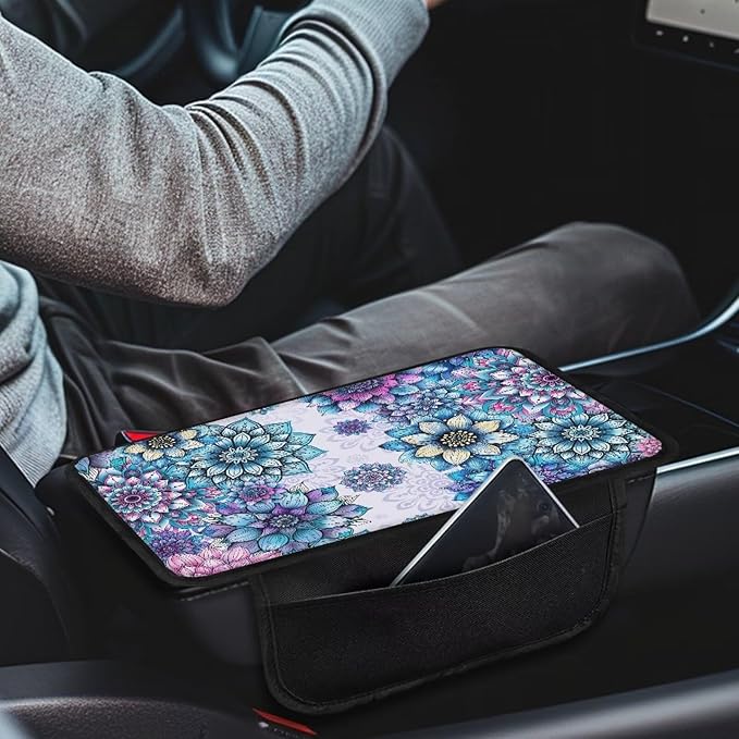 Vibrant Boho Mandala Floral Pattern Car Armrest Cover Soft Vehicle Box Cover Protector Scratch-Resistant Auto Center Console Pad Universal Fit for Most Cars Sedan Truck SUV