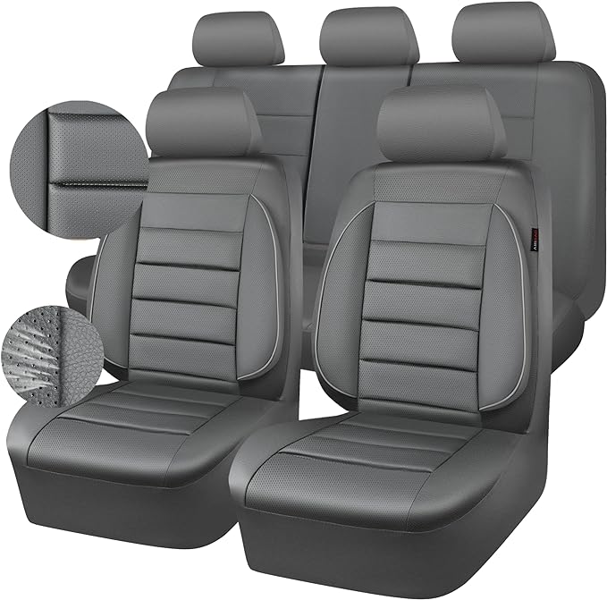 CAR PASS Leather Seat Covers Full Set Universal Water Resistant 3D Foam Back Support, Luxury Comfort Automotive 5 Seat Covers All Season Fit for SUV,Sedan,Van, Airbag Compatible Elegance (Gray)