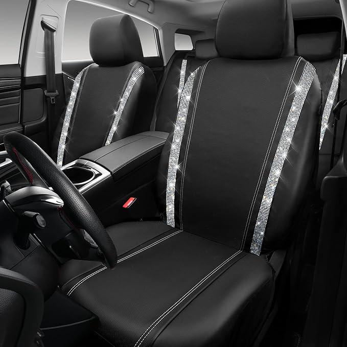 CAR PASS Bling Diamond Car Seat Covers, Shining Rhinestones Waterproof Faux Leather, 7 Seats 3 Rows with Zipper Glitter Crystal Sparkle Strips Universal Fit 95% MPV,SUV,CAR for Women Girl, Silver
