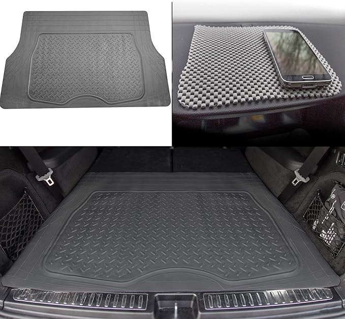 TLH Premium Trimmable Gray Cargo Mat Car Trunk Liner Universal Fit Set w/Gray Dash Pad, Trimmable Automotive Floor Mats, Climaproof™ Floor Mats for Most Sedan, Cars, SUV, Truck Floor Mats.