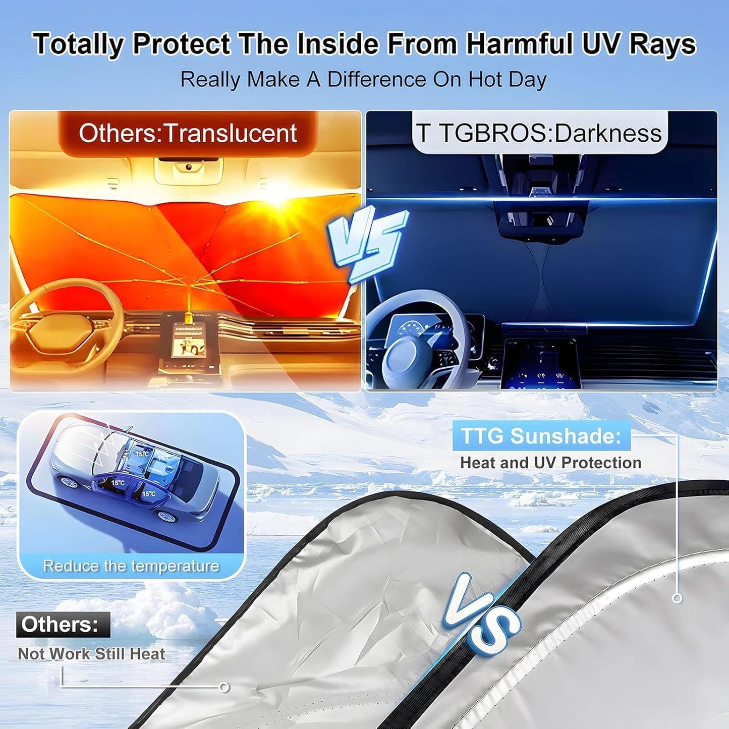 T TGBROS Windshield Sun Shade for Hyundai Santa Cruz Accessories 2022-2024 2025 Foldable Sun Shield Reflective Polyester Sun Visor Cover Custom Fit Block Heat and Sun Protection