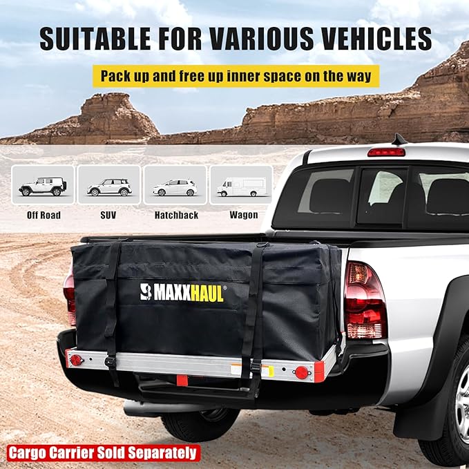 MaxxHaul 70209 Soft Shell Cargo Carrier Bag for Hitch Mount Cargo Rack - Heavy Duty and Water Resistant 47 inch 20 inch x 20 inch Black with Tie Down Straps