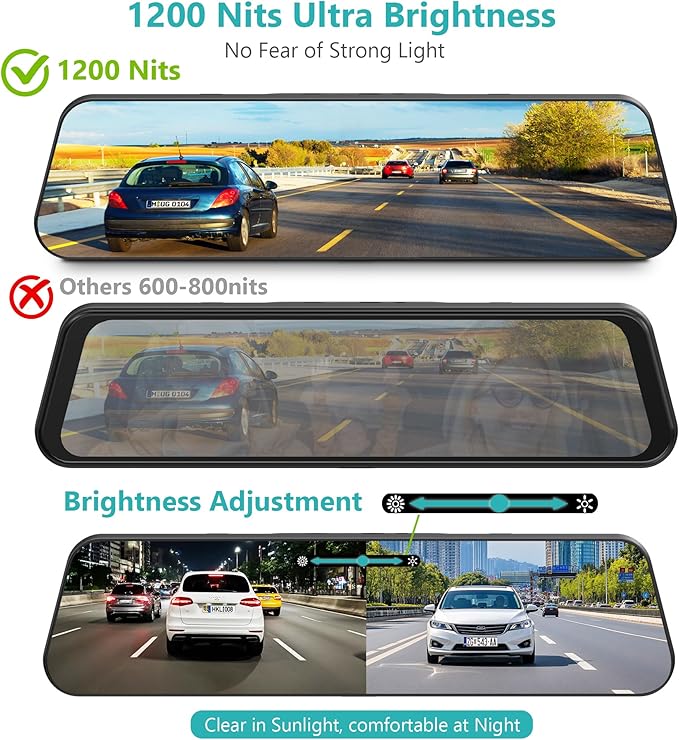 12" 3 Channel 4K Mirror Dash Cam, Sony STARVIS 2 IMX675 Night Vision, BSD Blind Spot Detection, 4K+1080P+2.5K Front Inside Rear View Camera, 5.8GHz WiFi, 24H Parking Mode, 128G Card