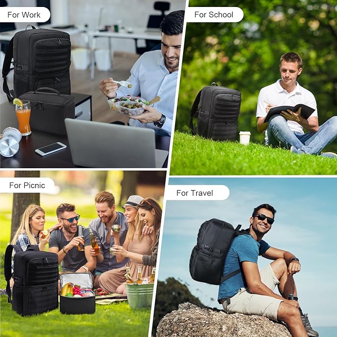 BERTASCHE Lunch Backpack, Laptop Backpack 17 inch for Work w/Insulated Cooler Lunch box for Men Women, Casual Daypack for Travel Commuter Picnic College,Black