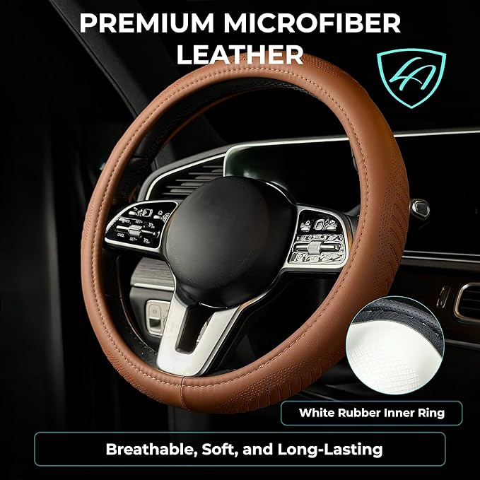 Lord Autofashion Steering Wheel Cover – PU Leather, Non-Slip Rubber Inner, All-Season Comfort – 14.5–15 Inch (Tan 9356)