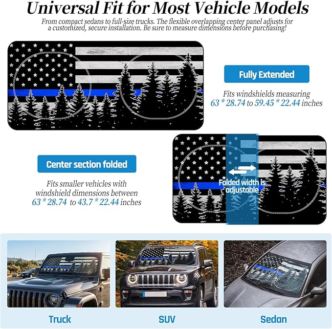 63"x28.5" Car Windshield Sun Shade with Storage Pouch, Stylish Printed Front Window Sunshade with Double Ring Frame, Universal Fit Foldable Heat Blocker & UV Protector for SUV, Sedan (Blue Line Flag)