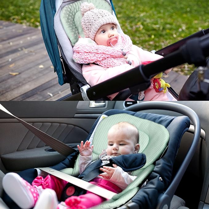 Infant Carseat Insert, 2-in-1 Reversible Baby Car Seat Cushion for Newborn Toddler Head & Body Support Car Seat Pad for Carseats, Strollers, Swings, Bouncers, Green