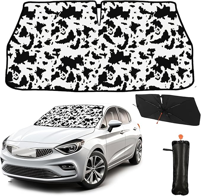 CHILL·TEK Funny Car Windshield Sun Shade Umbrella, Cows Print Car Sun Shade Umbrella, Block UV Rays Heat Foldable Windshield Umbrella Sun Visor Protector - Keep Vehicle Cool for Cars SUV