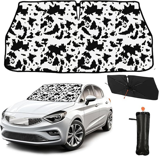 CHILL·TEK Funny Car Windshield Sun Shade Umbrella, Cows Print Car Sun Shade Umbrella, Block UV Rays Heat Foldable Windshield Umbrella Sun Visor Protector - Keep Vehicle Cool for Cars SUV