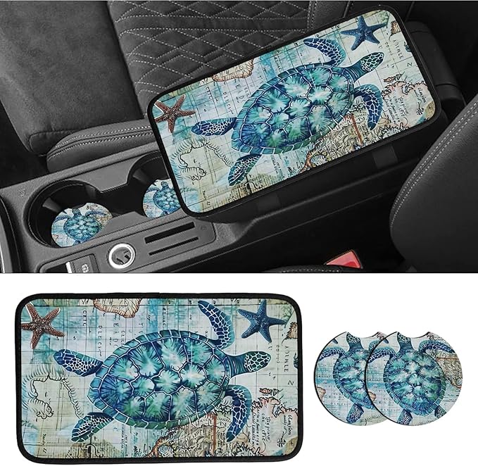 Car Armrest Cover Pads Universal Fashion Cute Auto Center Console Armrest Cover Pad with 2PCS Car Coasters Soft Waterproof Car Armrest Seat Protector for Women, Sea Turtle Starfish