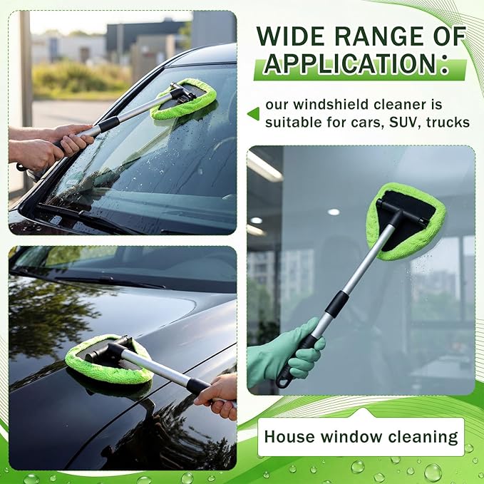 FoldTier 8 Pcs Car Windshield Cleaner Kits with Extendable Handle, 5 Microfiber Towel Pads, 1 Brush, 1 Empty Spray Bottle for Auto Glass Wiper Suvs Rvs & Home Windows (Green)