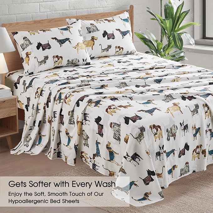 Ivellow Twin Sheets Set Kids 100% Natural Cotton Sheets Soft Breathable Lightweight Percale Bed Sheets 16" Deep Pocket Cartoon Dog Puppy Patterned Sheets Kids Twin Bedding Toddler Teen Dorm Essentials