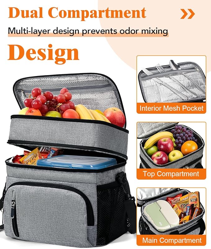 Insulated Lunch Bag for Men & Women, Double Leakproof Lunch Box Soft Cooler Tote with 5 Pockets, 600D Oxford, EVA Lining, Adjustable Strap for Work, Picnic, Beach&Travel-Grey