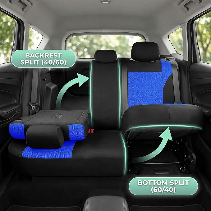FH Group Automotive Car Seat Covers Full Set Premium 3D Air Mesh Front Seat Covers, Airbag Compatible & Split Bench Cover Universal Fit Interior Accessories for Cars Trucks and SUVs - Blue