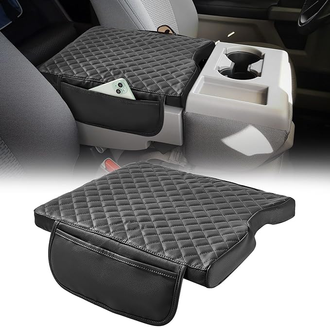 JOYTUTUS Center Console Cover Compatible with 2015-2026 Ford F150, 2017-2026 F250 F350 F450 with 40/20/40 Jump Seat, Leather Armrest Cover Center Console Cushion with Side Pockets (Jump Seat Only)