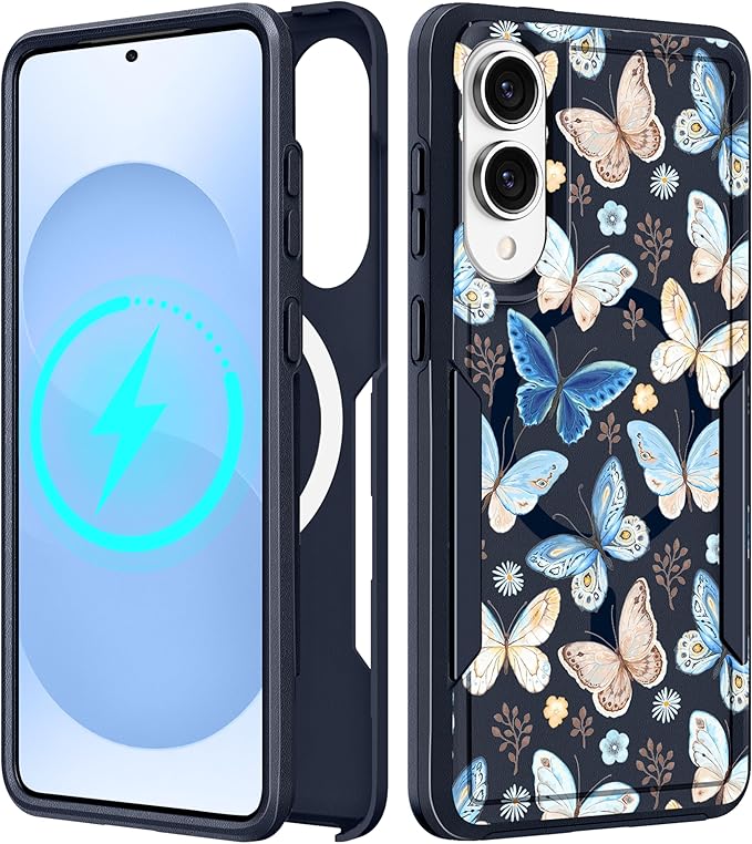 for Samsung Galaxy S25 Edge Case - Compatible with MagSafe Women Girls Cute Magnetic Protective Phone Cover Girly Blue Butterfly Heavy Duty Shockproof Design for Samsung S25 Edge Case