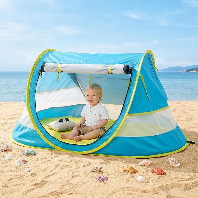 Poray Portable Baby Beach Tent with UPF 50+ Sun Shelter,Mosquito Net and Sunshade, Ideal Pop Up Kids Travel Tent with Carry Bag & 2 Stakes,Outdoor Indoor Play and Sun Protection
