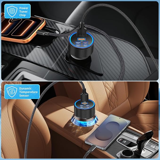 [Apple MFi Certified] iPhone 17 Car Charger, Rombica 6-Port 120W USB-C&USB-A Power Cigarette Lighter PD/QC Multiport Fast Car Charger + Type-C Braided Cord for iPhone 17 Pro/16/15/Galaxy S26/S25/Pixel