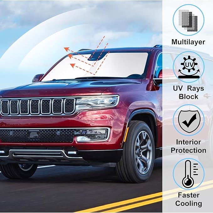 Windshield Sun Shade Custom Fit for 2022 2023 2024 2025 2026 Jeep Wagoneer (NOT for Grand Wagoneer) Accessories Foldable Sunshade Sun Blocker Protect Car from Sun Rays & Heat Damage Keep Car Cooler