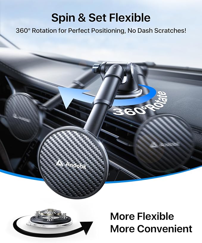 【Military-Grade】andobil 3 in1 Magnetic Phone Holder for Car Dashboard Windshield Vent 【Upgrade Suction & Strongest Magnet】Retractable for MagSafe Car Mount Mats for iPhone 17 16 15 14 Pro Max Sumsung