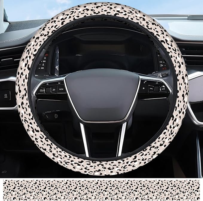 Elastic Car Steering Wheel Cover, Universal 15 inch Non-Slip Breathable Neoprene Steering Wheel Protector, Car Accessories for Women Men Fit Auto, Suvs, Truck White Leopard