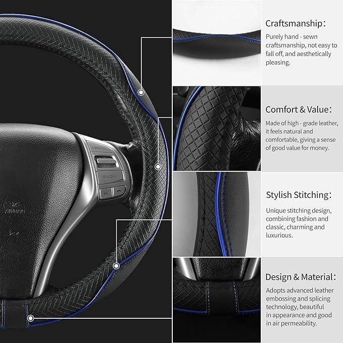 Steering Wheel Cover,Anti-Slip, Safety,Soft,Breathable,Heavy Duty,Thick,Full Surround, Sports Style,Universal Car Accessories for Women Men Fit 14" 1/2-15"(Black with Blue line)