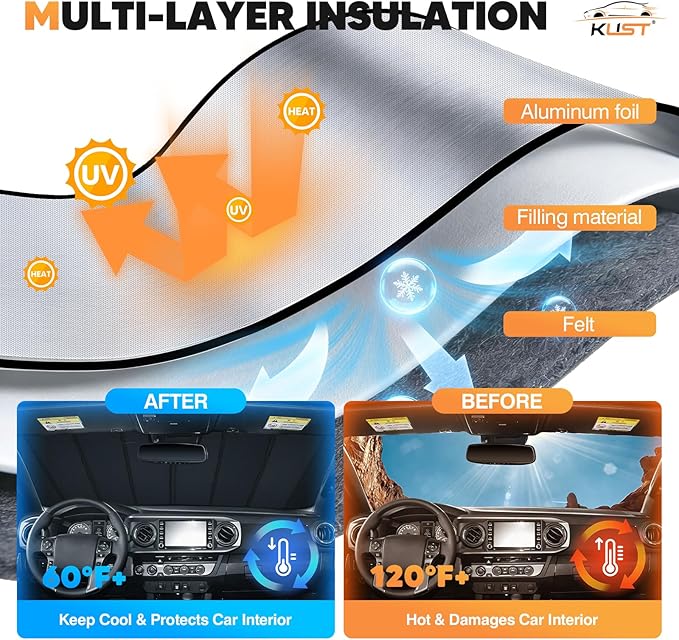 KUST Windshield Sun Shade for Toyota Tacoma 2016-2022 2023 Foldable Thicken Window Sunshade UV Protection Keep Cool Sunshield Easy Install Sun Visor Accessories Aluminum Film
