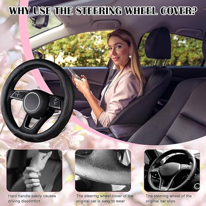 SuperKaKa Car Steering Wheel Cover 2025, Universal Auto PU Cute Breathable Slip-Proof Comfort Imitation Leather Protector Cars Interior Accessories for Women Men Fit Most Vehicle (Black)