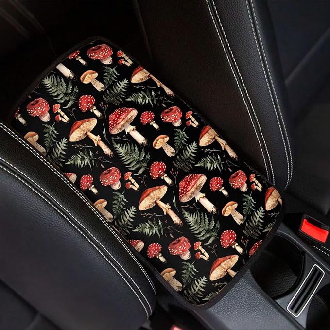 JoyLamoria Red Mushroom Auto Center Console Pad Cover Non Slip Car Armrest Cushion Soft Handrail Box Protector Universal Fit