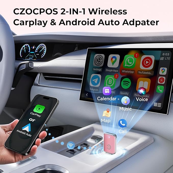 Wireless Carplay Adapter for iPhone, Convert Wired Car Play to Wireless, 2 in 1 Plug and Play Mini CarPlay and Android Auto Adapter for iOS 10 Android 11 and Above, Cars with Built-in Carplay (Pink)