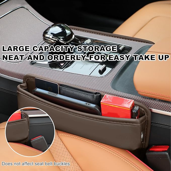 DXNQ Large Capacity Car Seat Gap Filler Organizer, Leather Car Front Seat Slot Storage Box Keeps Car Tidy, Portable Car Seat Gap Filler with 2 Charge Holes for Phones Glasses Keys Cards (Brown)