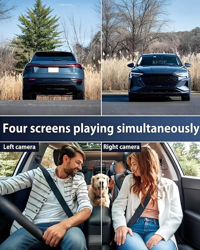 Car Dash Cam Wireless Front Rear 360 Full View 4K Dual Security 24HR Rechargeable 4 Channel Mirror Rearview Interior Auto Video On-Dash Mounted Driving Recorder Truck Electronics Accessory(32G)
