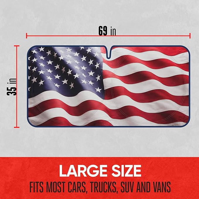 Motor Trend USA Americana Flag Car Windshield Sun Shade for Front Window, Foldable Car Sun Shade with Patriotic Graphic, Collapsible Sun Visor Sunshade for Cars Windshield (Large, 69 x 35 inches)