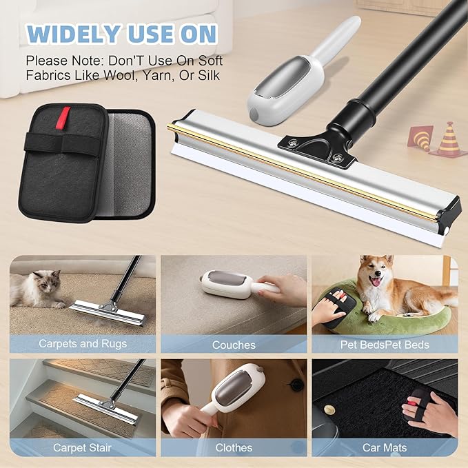 Pet Hair Removal Tool, 3 in 1 Cat Dog Hair Removar Set Including 50" Carpet Rake, Reusable Lint Roller and Static Pet Hair Removal Glove for Rugs,Carpet,Couch,Floors,Furniture,Clothes