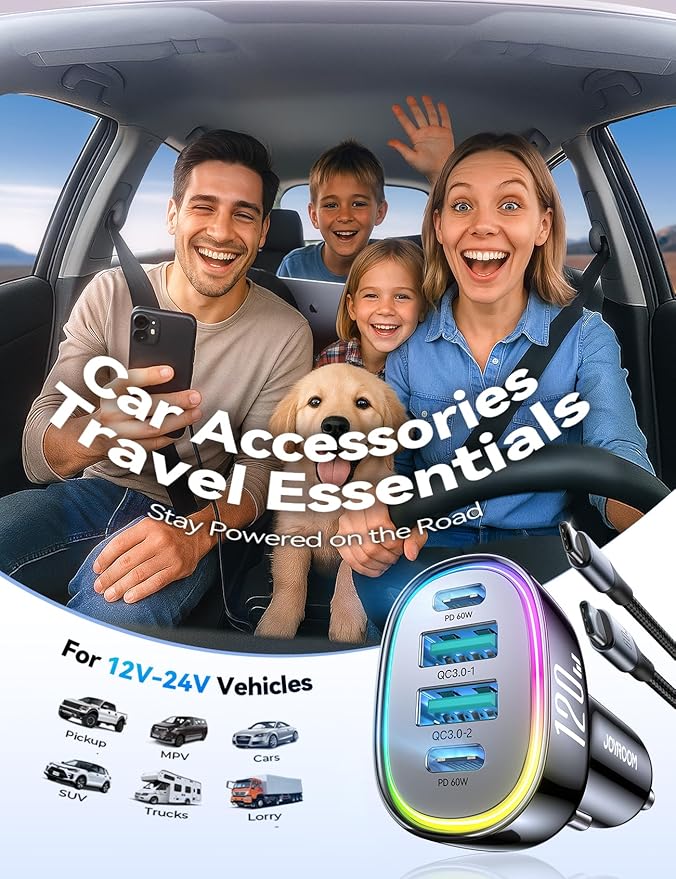 120W for iPhone 17 Pro Max Car Charger, Dual PD 60W & QC 3.0 Cigarette Lighter USB Charger with 60W Type C Cable, Car Charger USB C, Car Accessories for iPhone 17/16 Pro/Air, Galaxy S25, iPad, MacBook