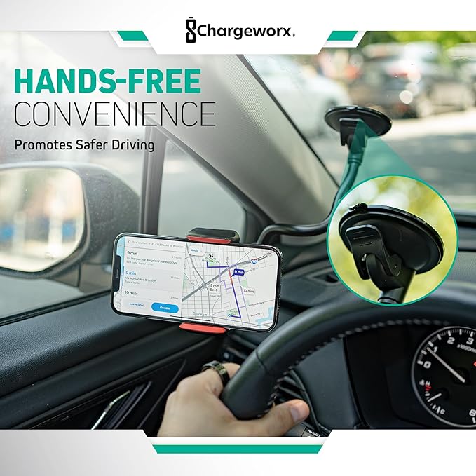 CHARGEWORX Adjustable Windshield Phone Mount for Cars, 14.75” Flexible Gooseneck Cell Phone Holder with Suction Cup, Anti-Slip Clamp Grip, 360-Degree Rotation for iPhone & Samsung