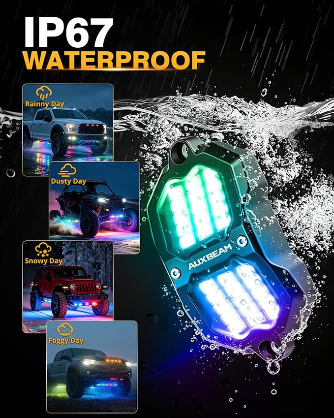 Auxbeam 4-Pod RGB LED Rock Lights with Brake Mode 213° Dual-Side Lighting Dynamic Color Changing Underglow Kit w/Bluetooth APP+Remote Control Music Voice Sync Waterproof for Truck ATV 1 Year Warranty