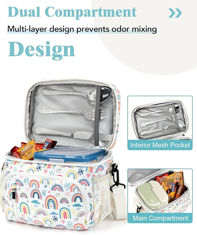 Insulated Lunch Bag for Men & Women, 9L Leakproof Lunch Box Soft Cooler Tote with 5 Pockets, 600D Oxford, EVA Lining, Adjustable Strap for Work, Picnic, Beach&Travel-Corduroy Rainbow