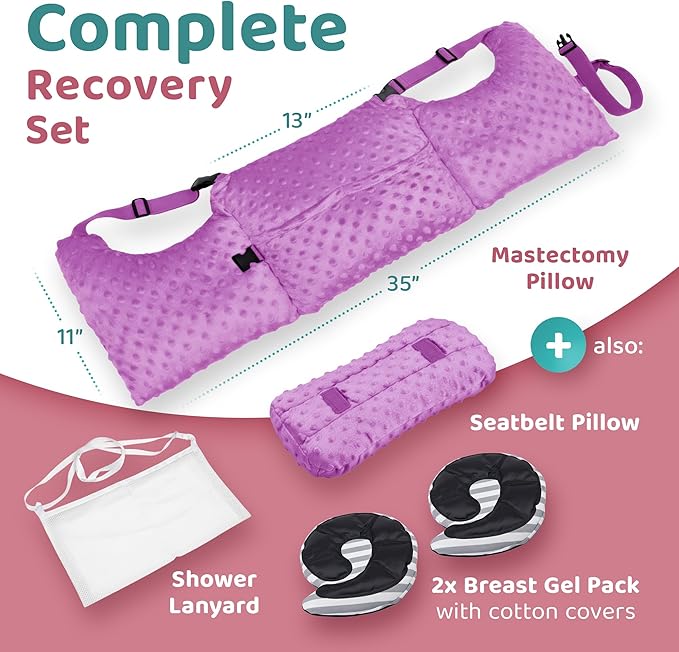 Zomaple Mastectomy Recovery Pillow with Strap, Swirly Gel Pack, Seat Belt Cover & Shower Lan – Post Mastectomy Must Haves, Breast Augmentation/Reduction & Mastectomy Recovery Supplies – Washable Cover