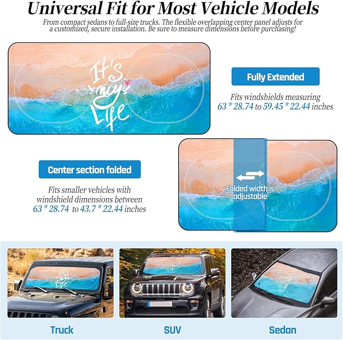 63"x28.5" Car Windshield Sun Shade with Storage Pouch, Stylish Printed Front Window Sunshade with Double Ring Frame, Universal Fit Foldable Heat Blocker & UV Protector for SUV, Sedan (Beach)